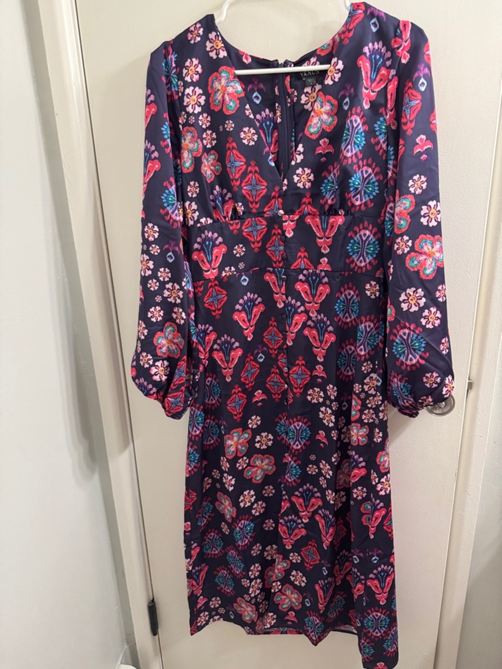 VENUS Navy Long-Sleeve Floral Midi Dress with Pink Accents